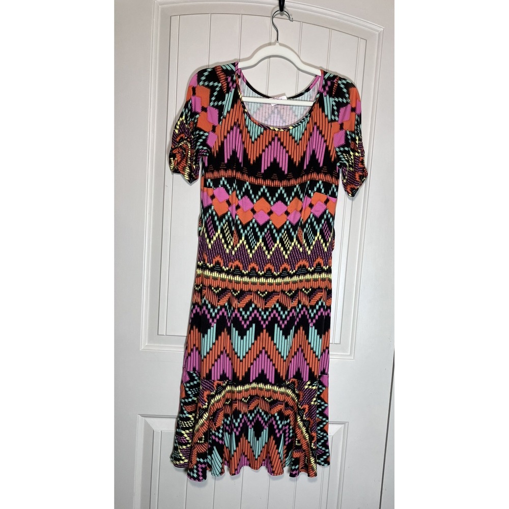 Leona Edmiston Frocks Dress Size 1 Stretch Jersey Geometric Print‎ Flounce Hem